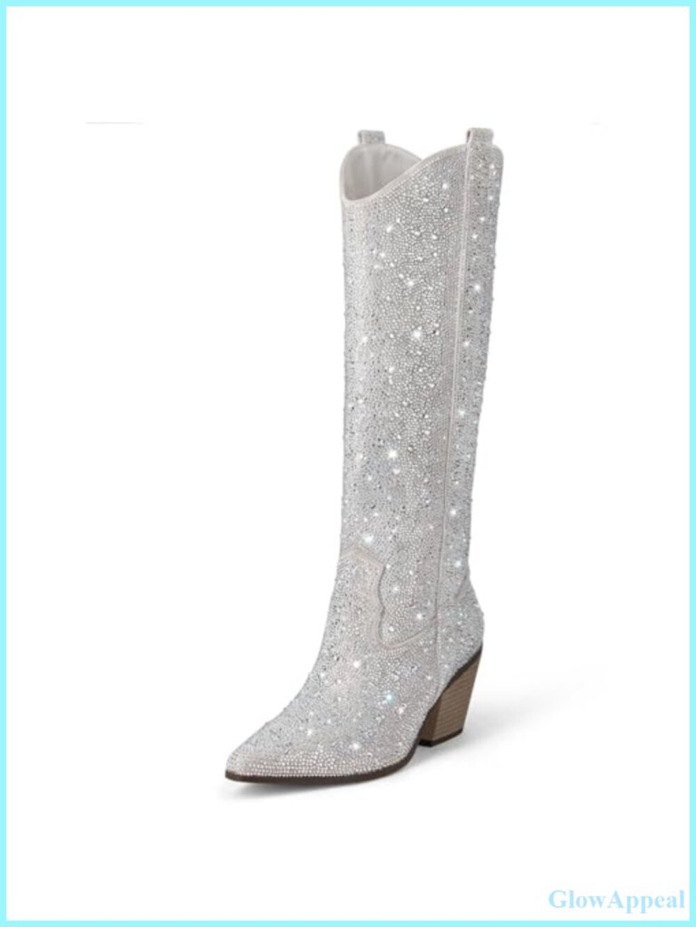 Rhinestone Mid Calf Western Boots Sparkly Block Heel Cowboy Boots